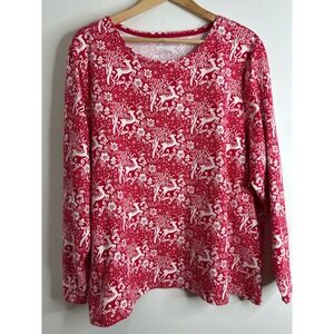 Talbots Long Sleeve Tee Shirt Women Plus 3X Red White Deer Floral Print  Stretch